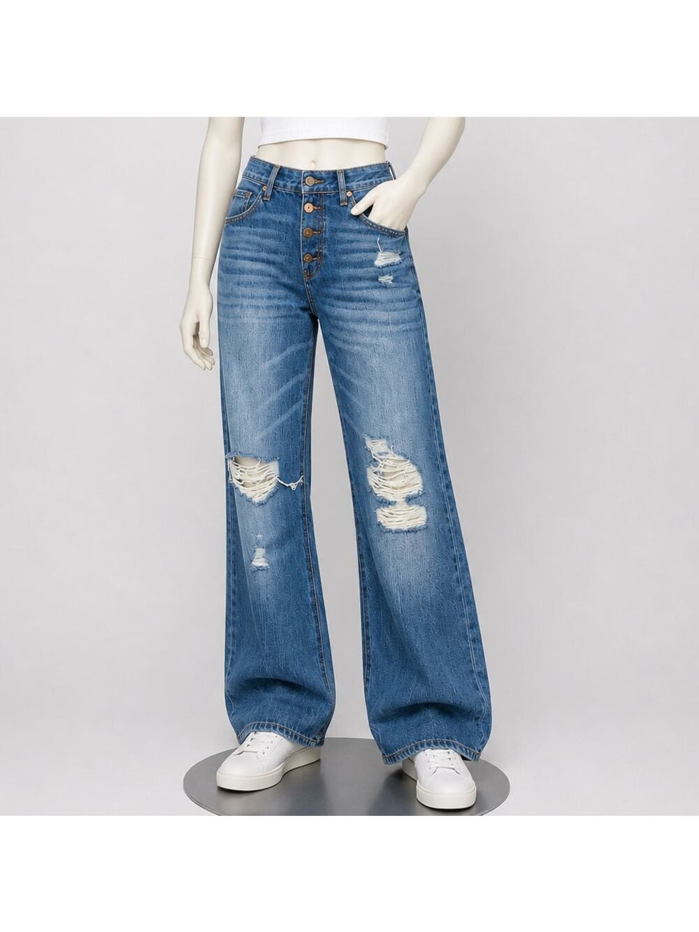Kancan The Fringed Pineapple Distressed Wide Leg Jeans NWT Women's Size 7/27